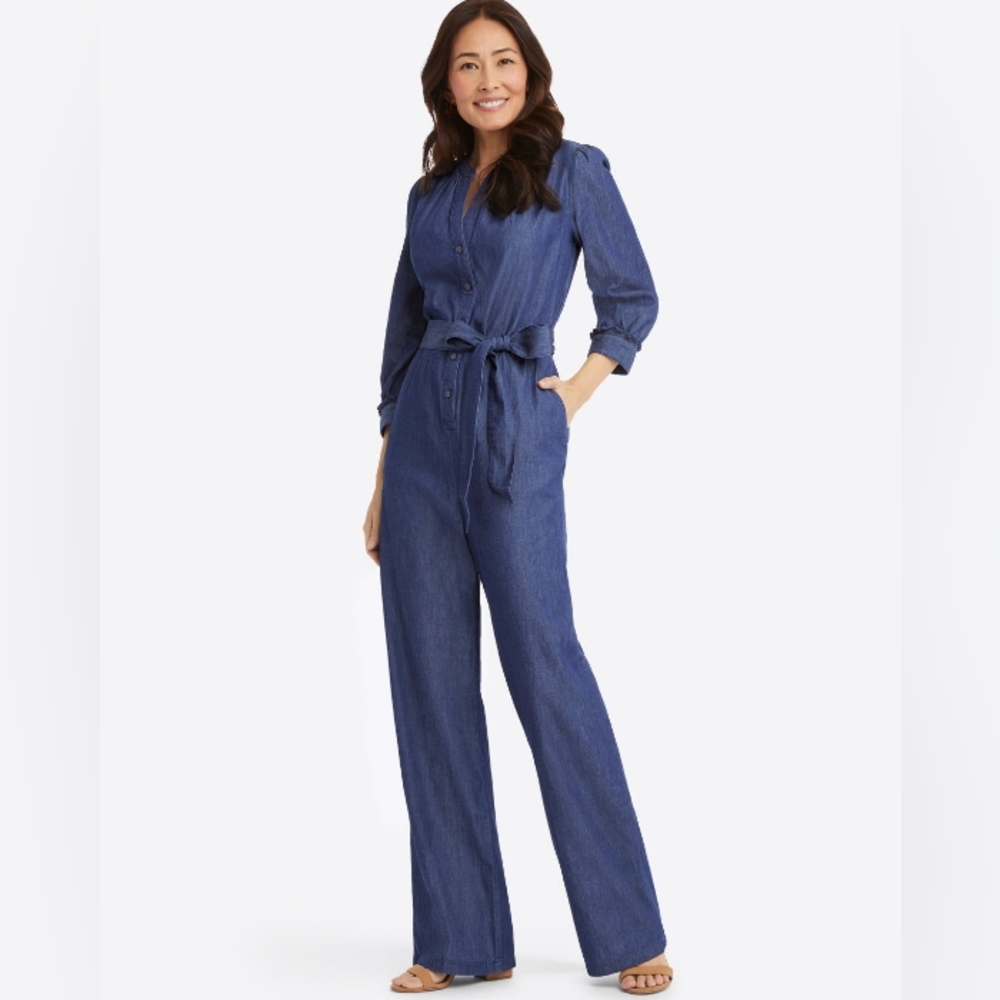 🆕Draper James Chambray Tie Waist Jumpsuit in Dark Wash Womens Size Large NEW!